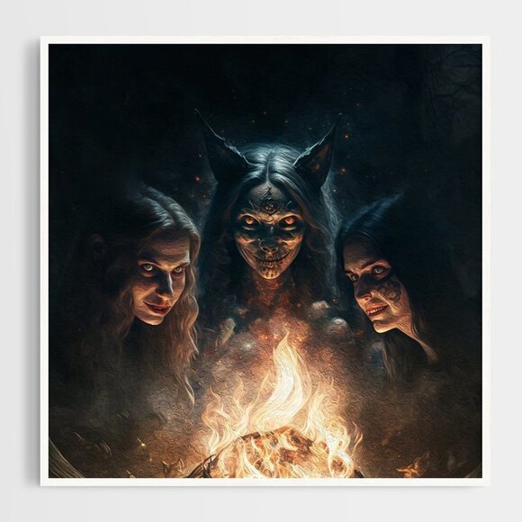 8x8 Witches‎ Around Fire Dark Ritual Fantasy Art Watercolor Oil Painting Print - Picture 2 of 6